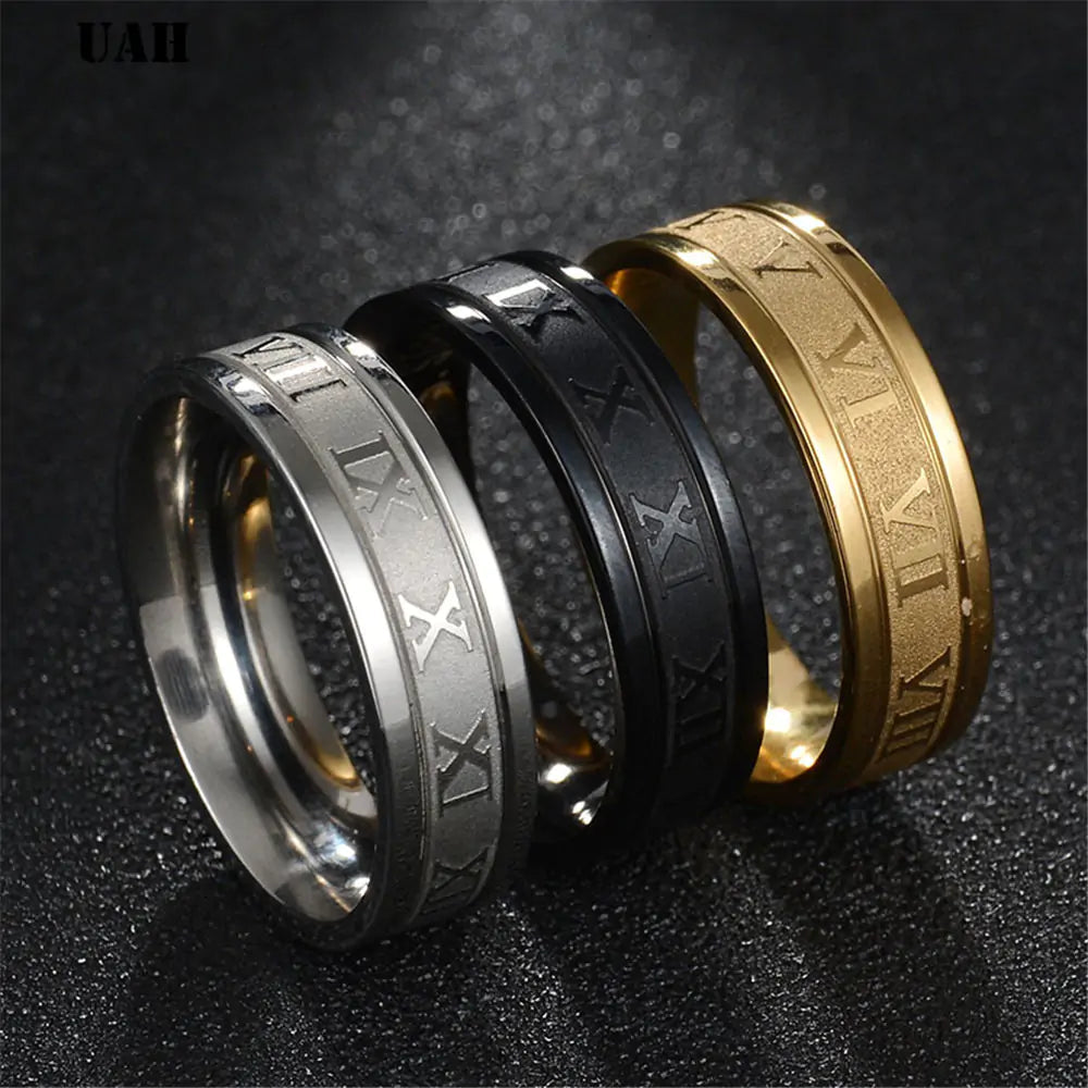 316L Stainless Steel Roman Numerals Band Rings